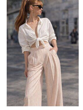 Alex Perry Suiting Peach Pinstriped Pleated Wide Leg Trousers
